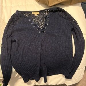 Navy Lace-Up V-Neck Sweater